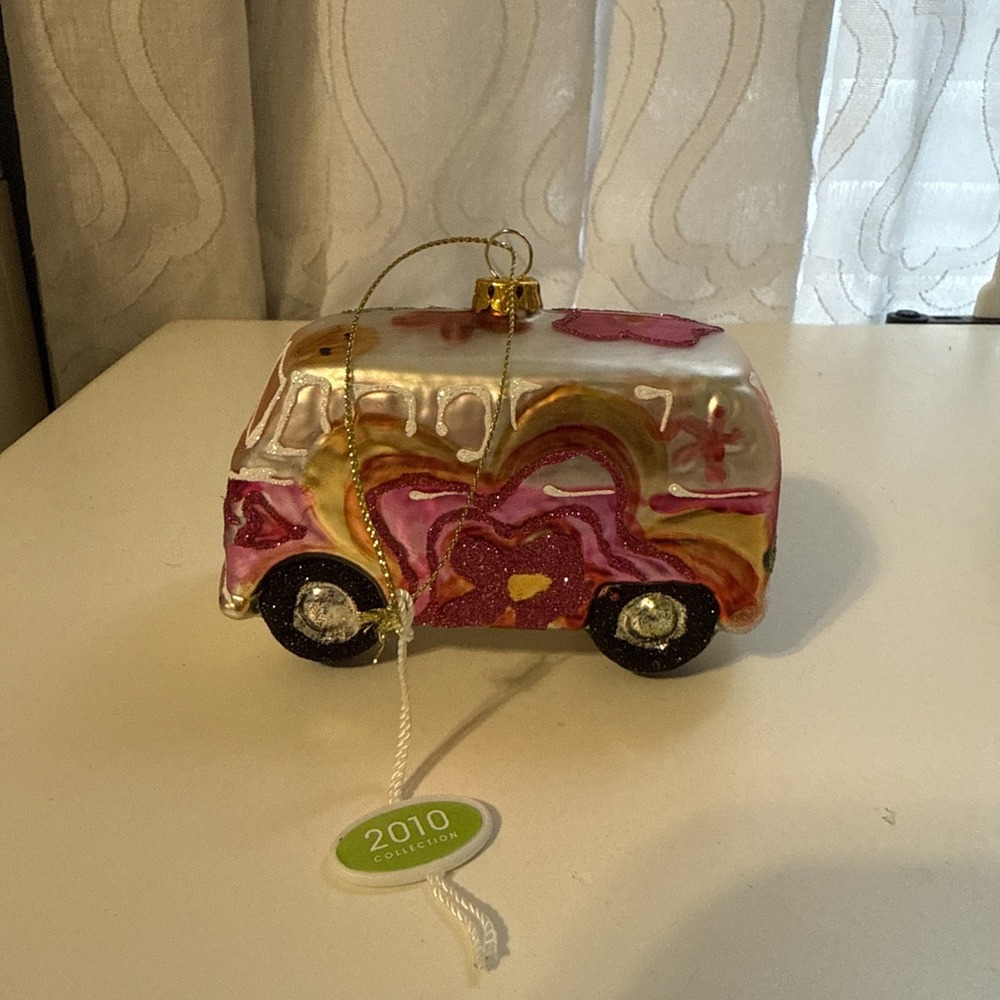 NEW North Pole trading Shiney Colorful Hippie Van‎ Glass Christmas Ornament